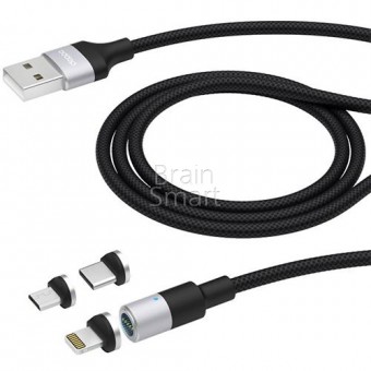 Deppa Дата-кабель USB 3 в 1: micro USB, USB-C, Ligthning, 2.4A, магнитный, (72282) черный фото