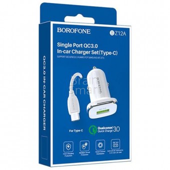 АЗУ Borofone BZ12A Single Power QC3.0 1USB + кабель Type-C (2.4A) White фото