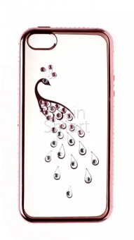 Чехол накладка силиконовая iPhone 5/5S со стразами Павлин розовый/золотистый фото