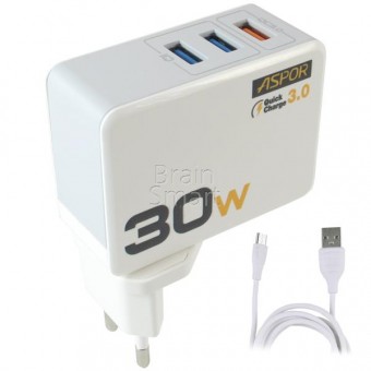 СЗУ ASPOR A858Q 3USB Fast Charge + кабель Micro (3A/IQ) Белый фото
